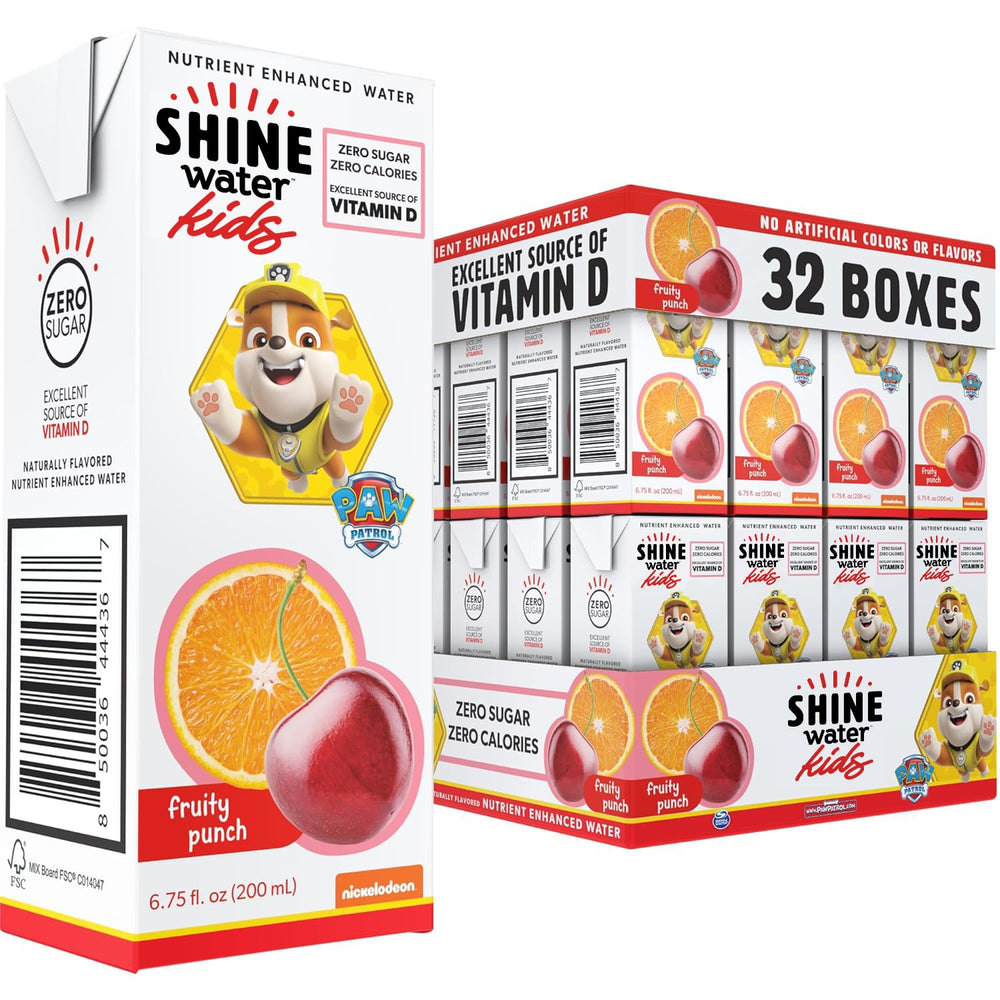 ShineWater Paw Patrol flavor lineup showing four fruit options appealing to kids