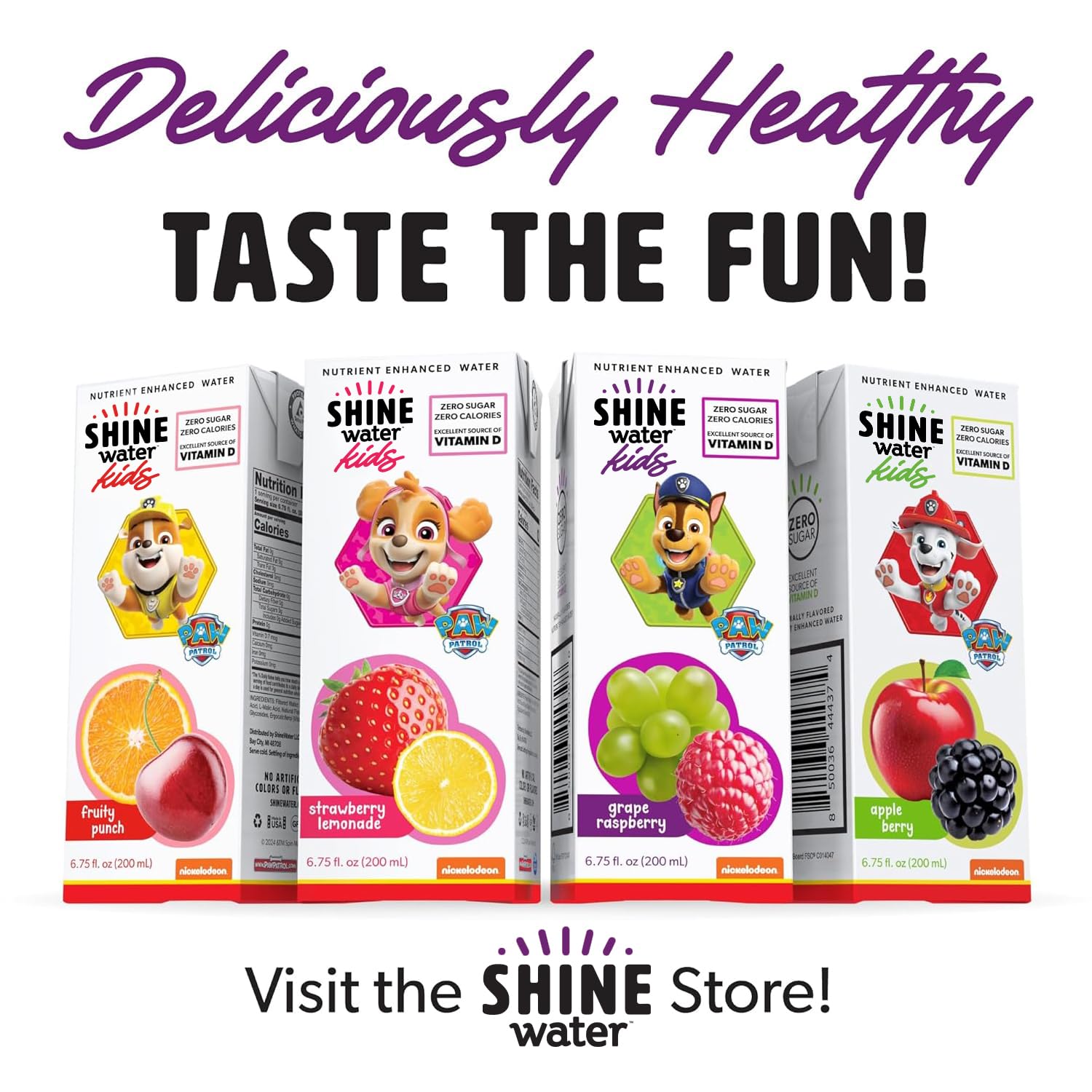 ShineWater Paw Patrol nutrition label close-up showing Vitamin D and no added sugar benefit