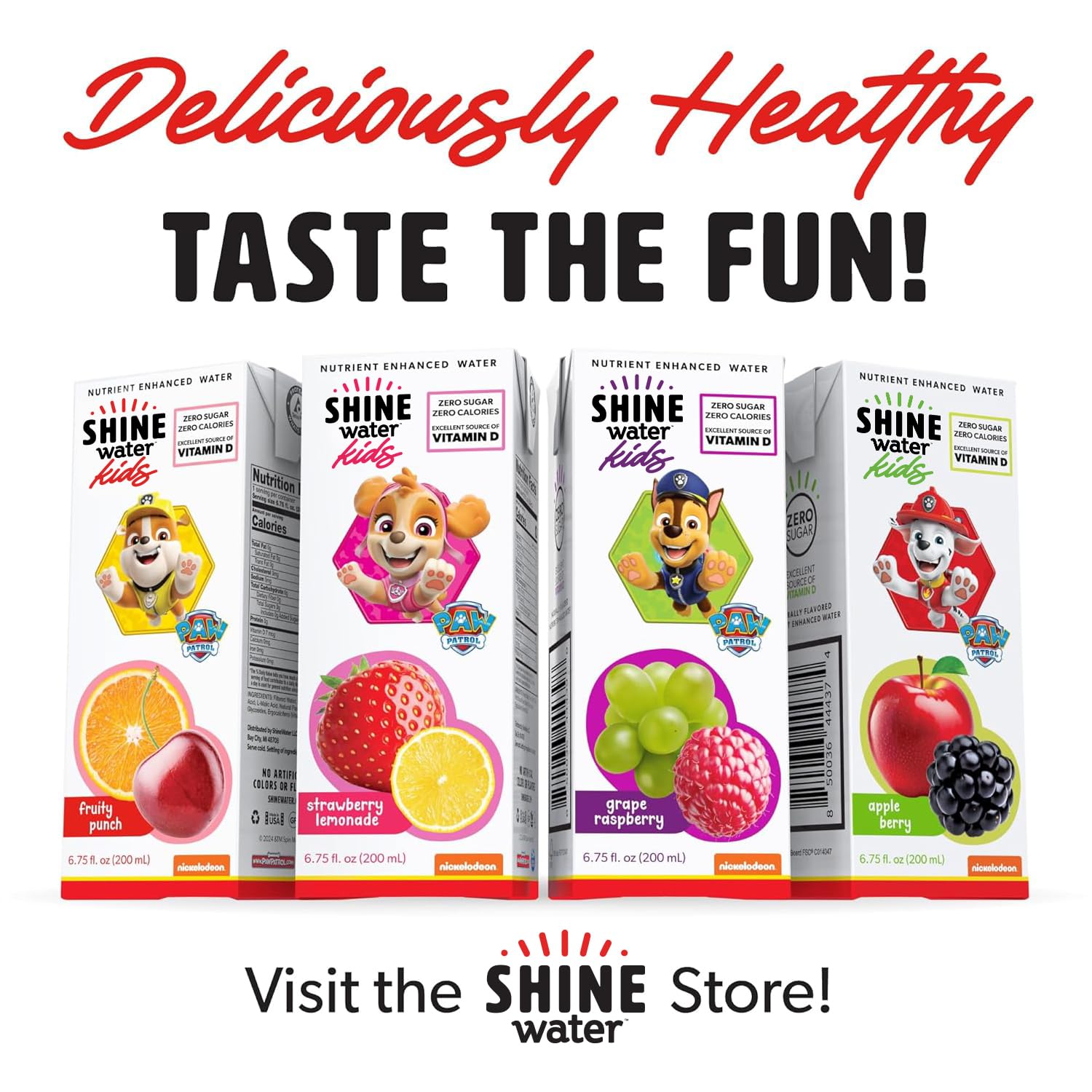 ShineWater Paw Patrol label and nutrition detail highlighting vitamin D content