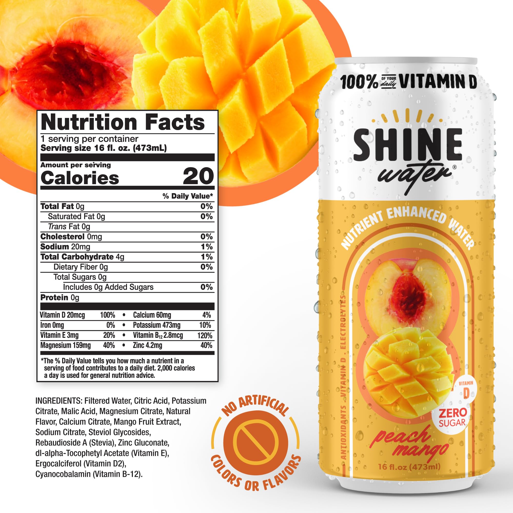Close-up of ShineWater label with Vitamin D and electrolyte callouts