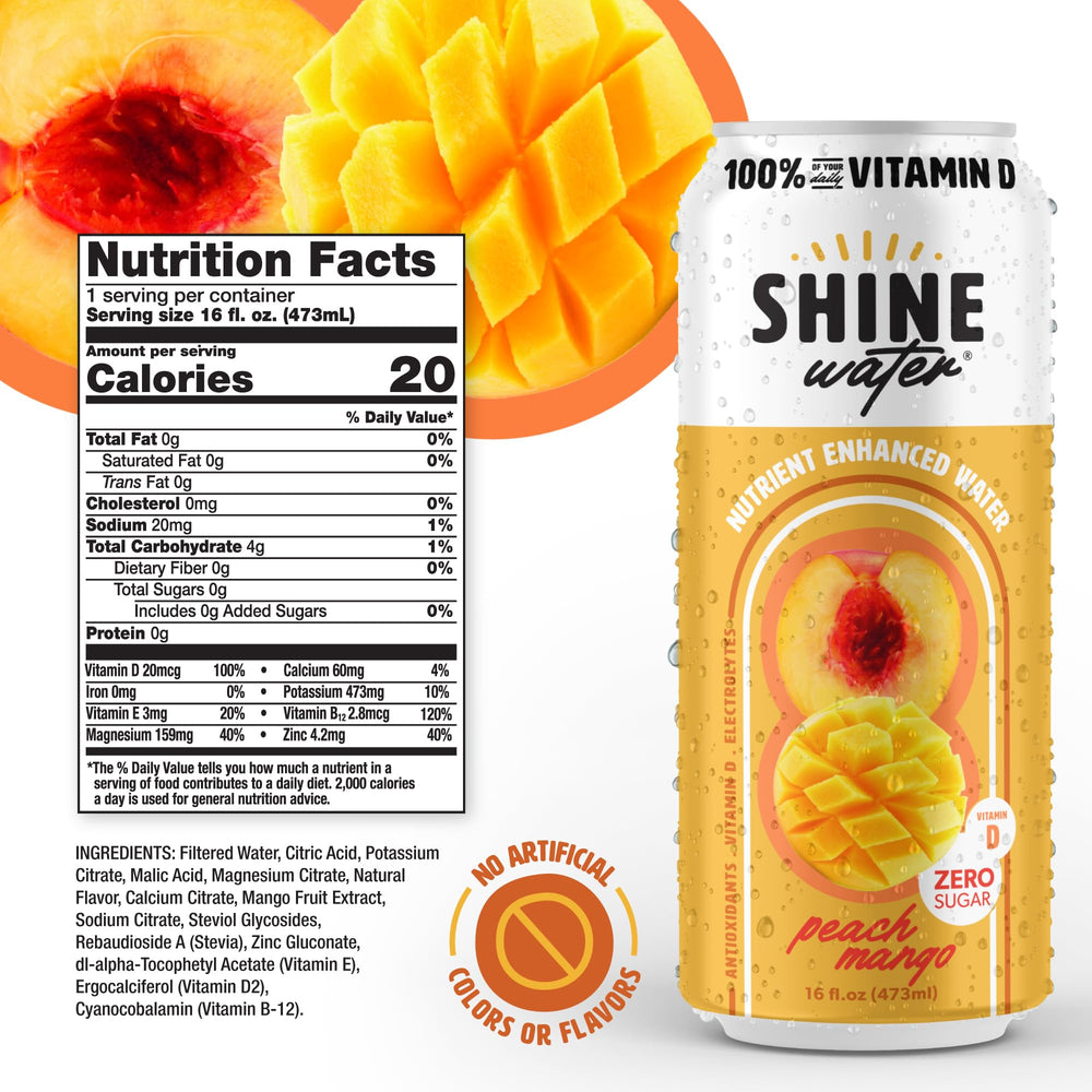 Close-up of ShineWater label with Vitamin D and electrolyte callouts