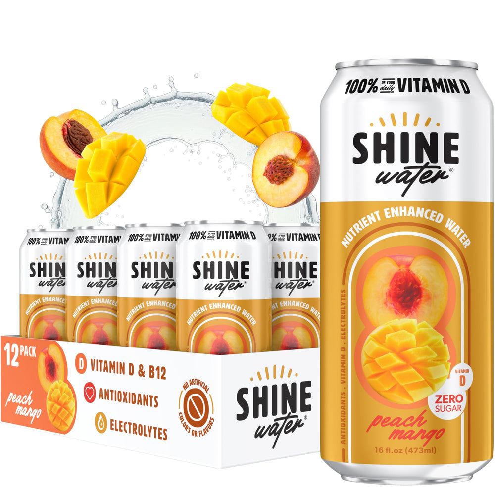 ShineWater front packaging showing 12-pack and peach mango flavor benefits