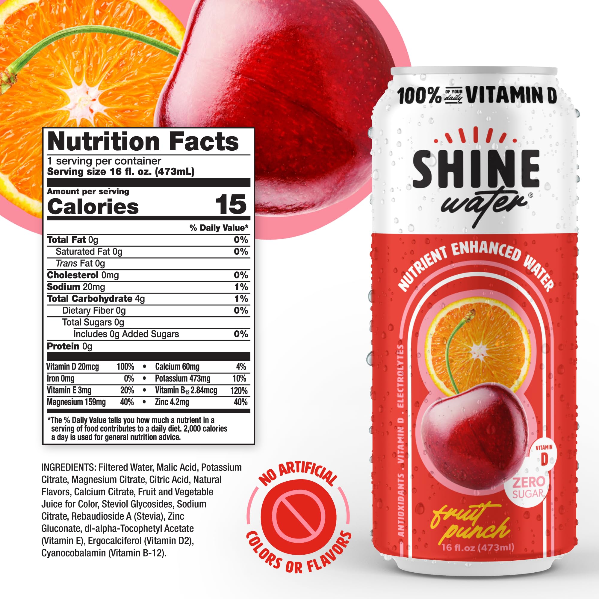 ShineWater single Fruit Punch can front label emphasizing vitamin D and electrolytes