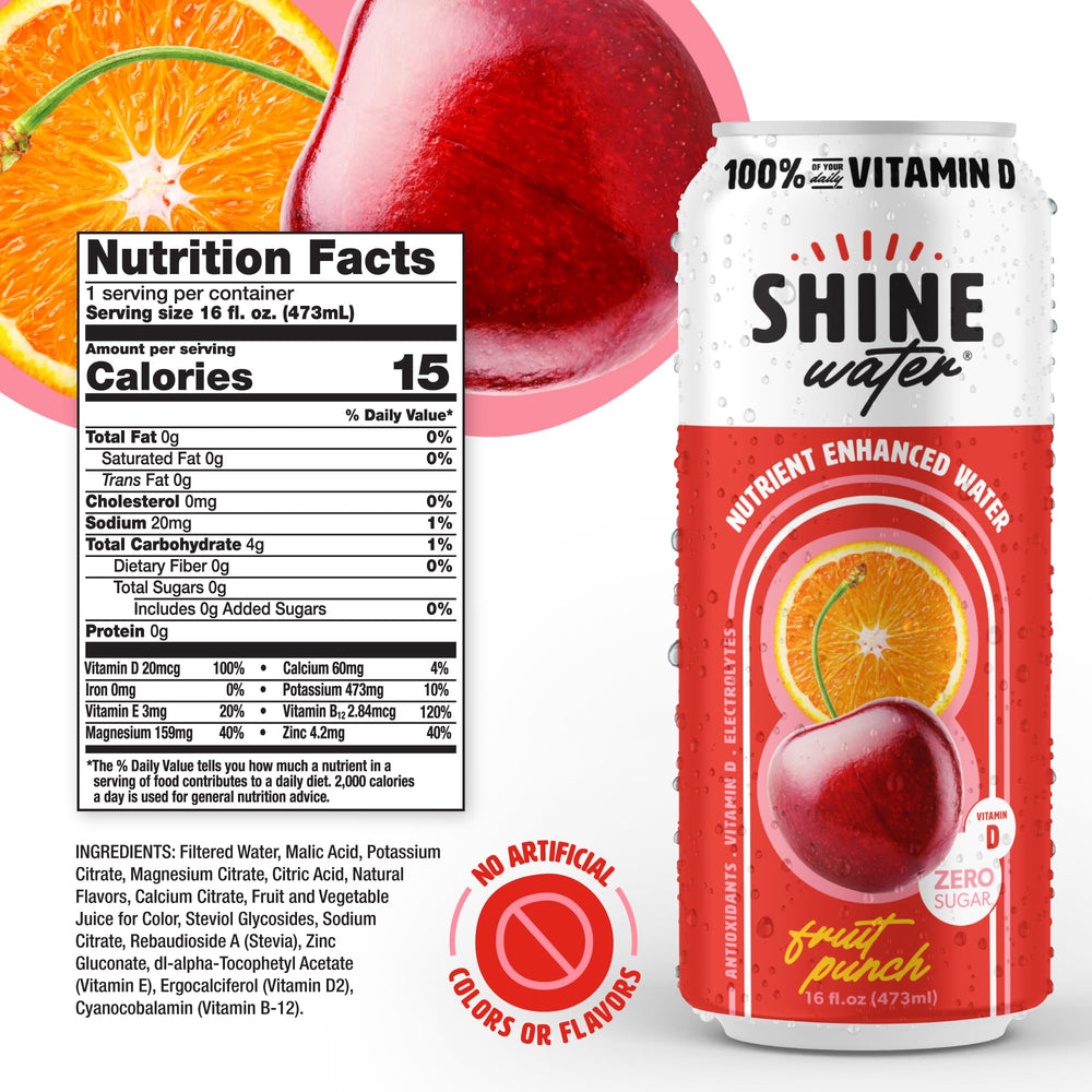 ShineWater single Fruit Punch can front label emphasizing vitamin D and electrolytes