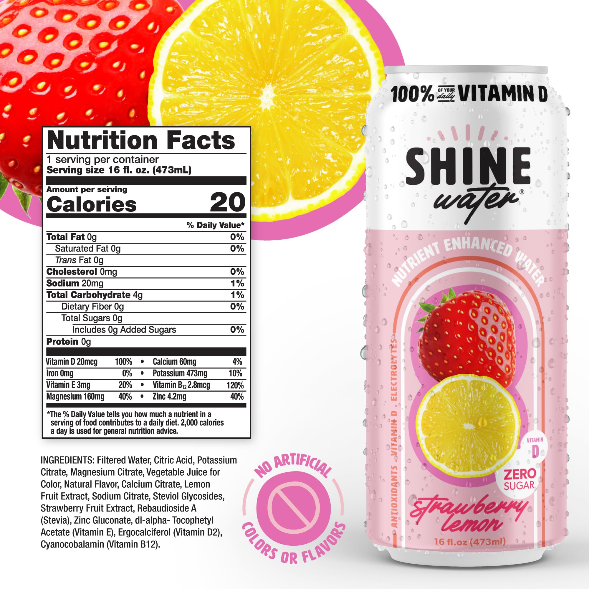 ShineWater can close-up label highlighting Vitamin D and zero sugar benefits