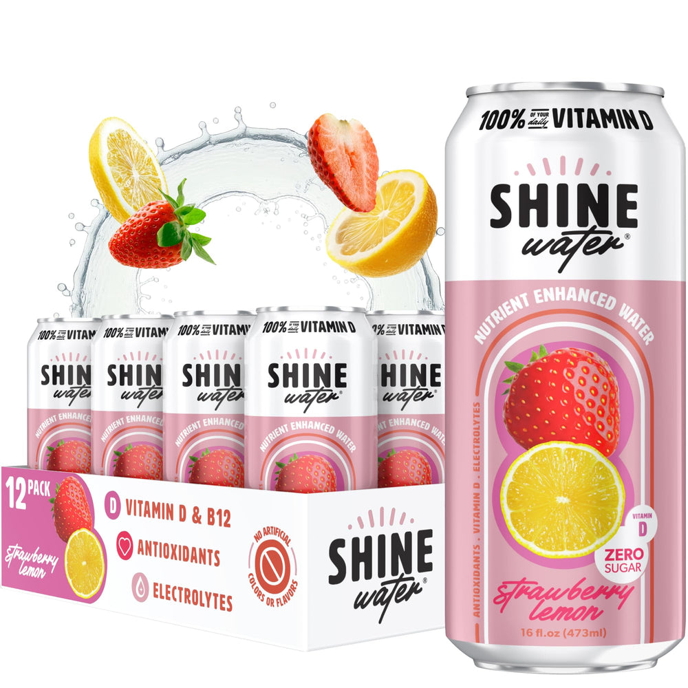 ShineWater front packaging showing 12-pack and bold strawberry lemon branding for convenience