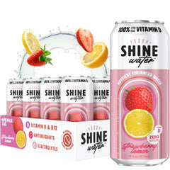 ShineWater front packaging showing 12-pack and bold strawberry lemon branding for convenience