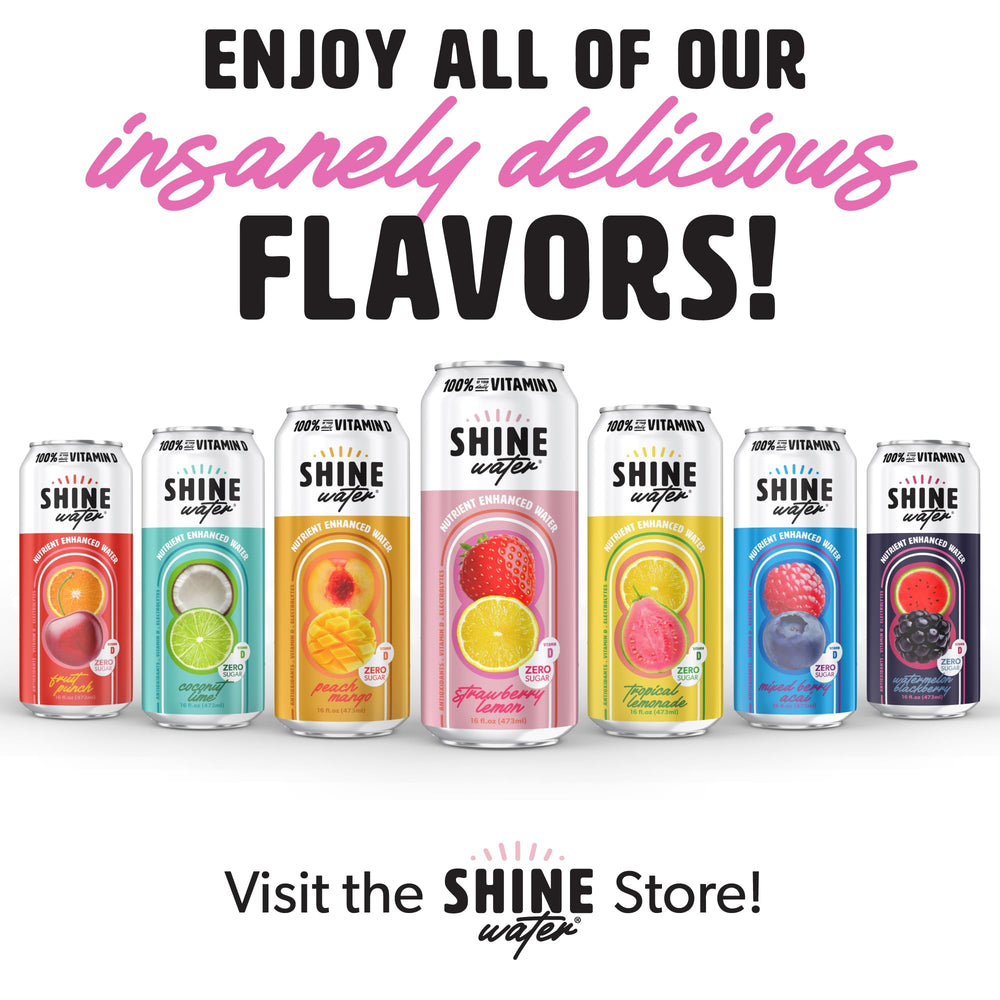 ShineWater can next to fresh strawberries and lemon showing natural flavor cues