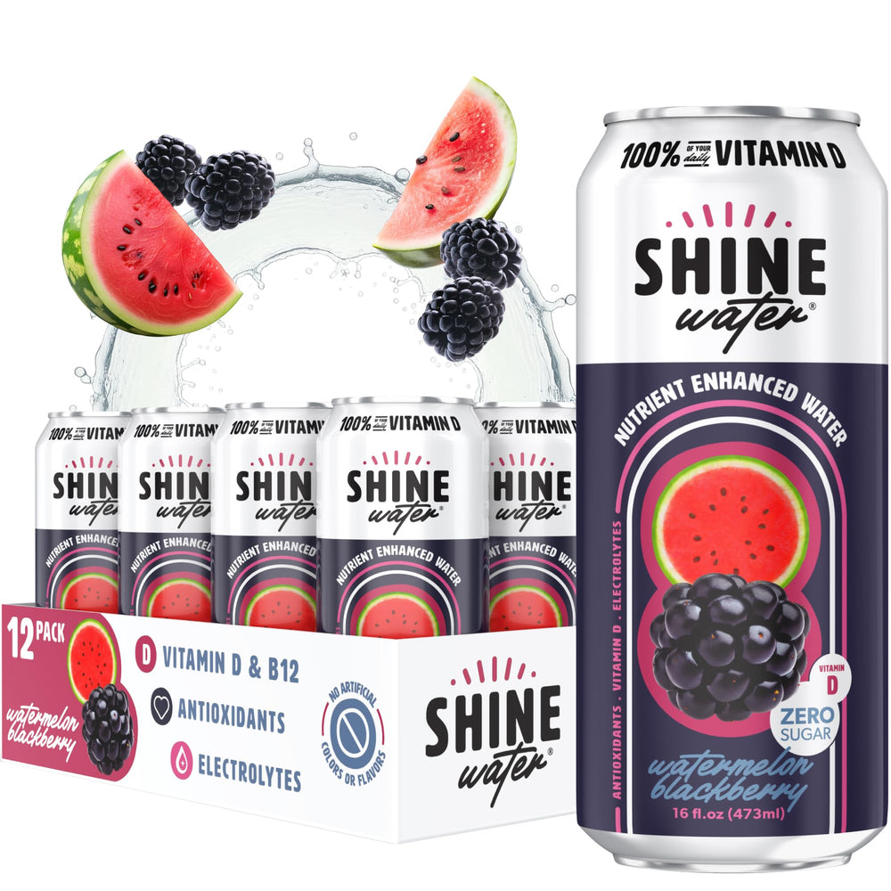 ShineWater front-pack showing watermelon blackberry can and benefits
