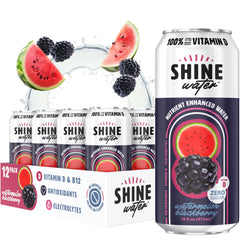 ShineWater front-pack showing watermelon blackberry can and benefits