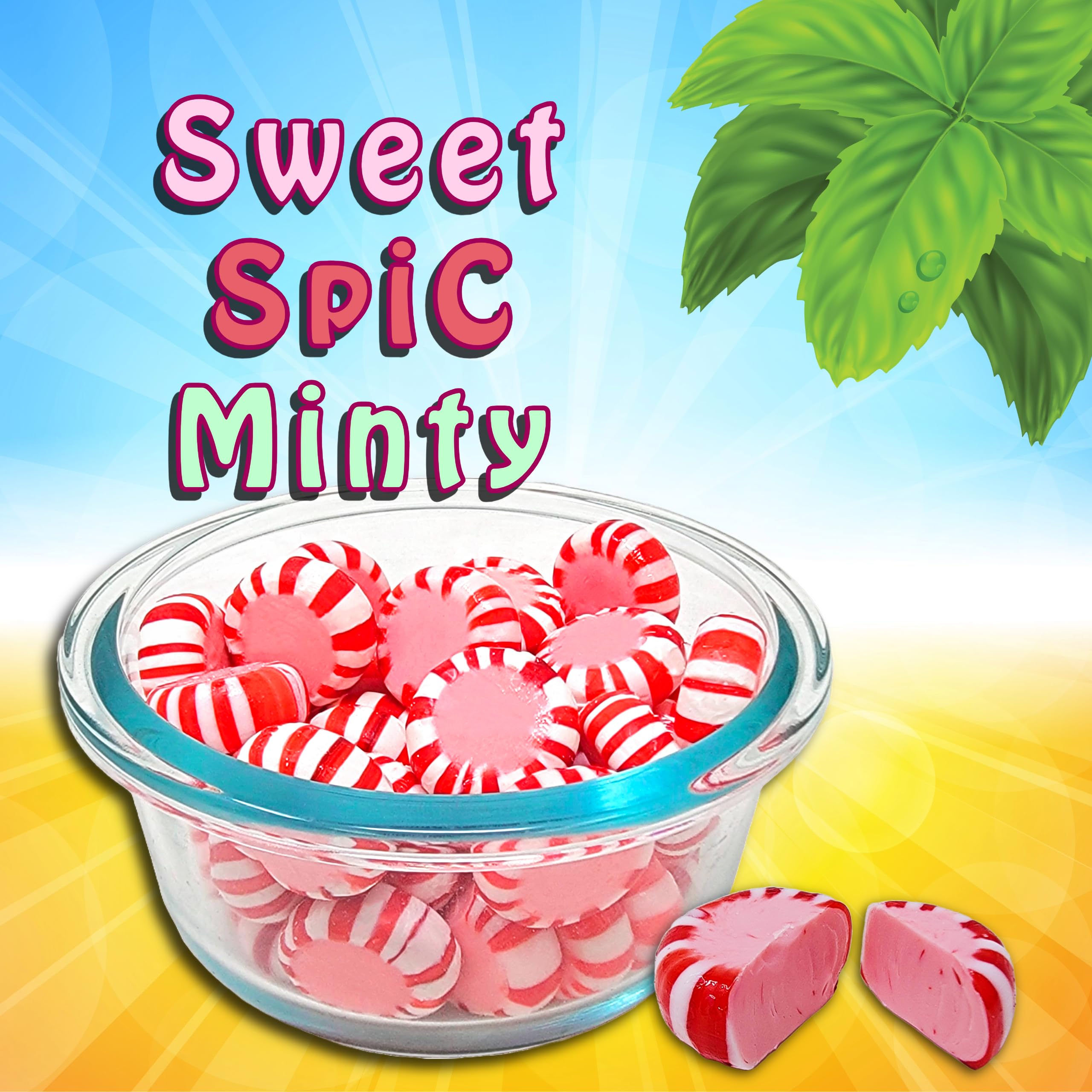 Shippedfast Spi-C-Mints beside a measuring cup showing 2 lb bulk quantity and portioning