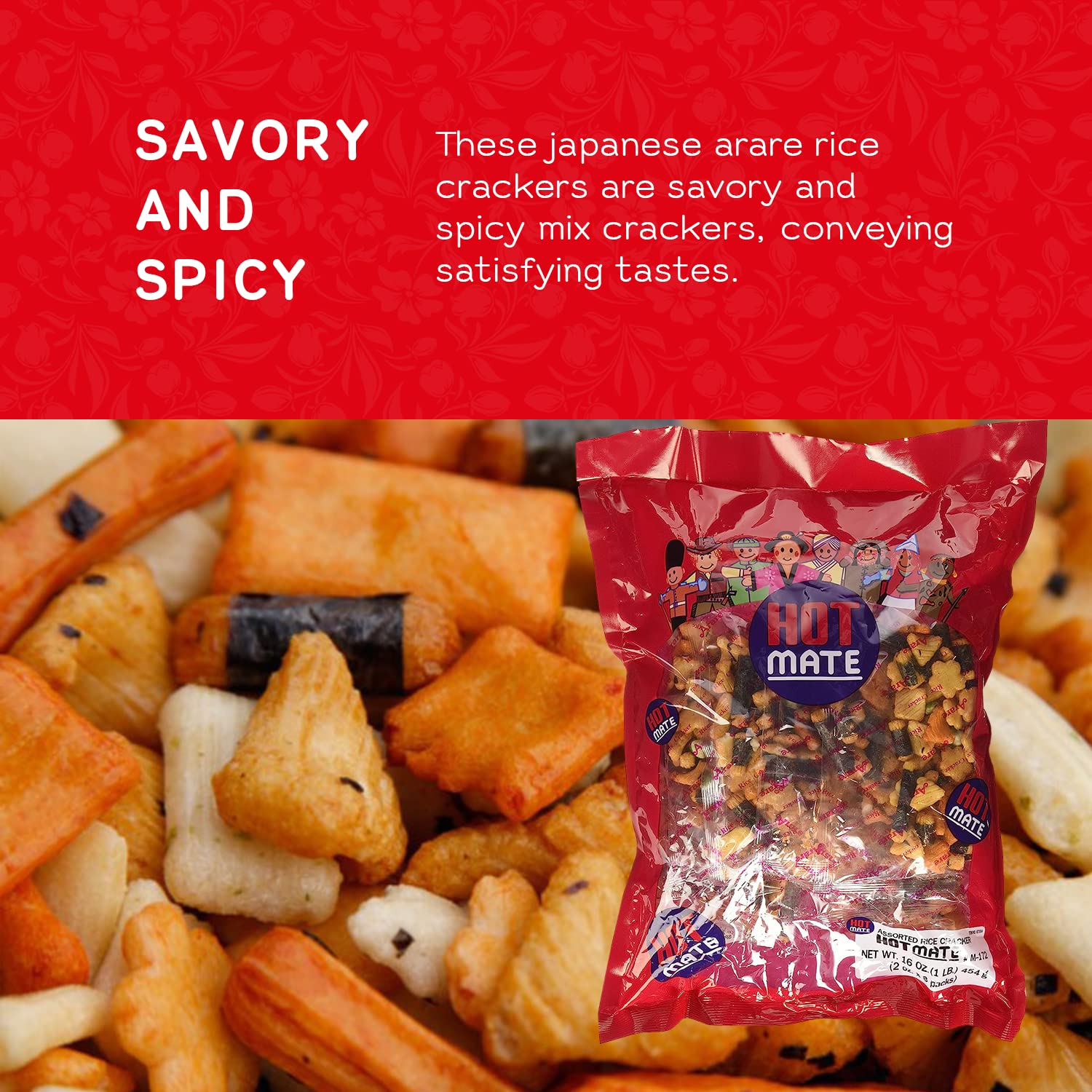 Shirakiku assorted cracker shapes in bowl, variety of textures and tastes