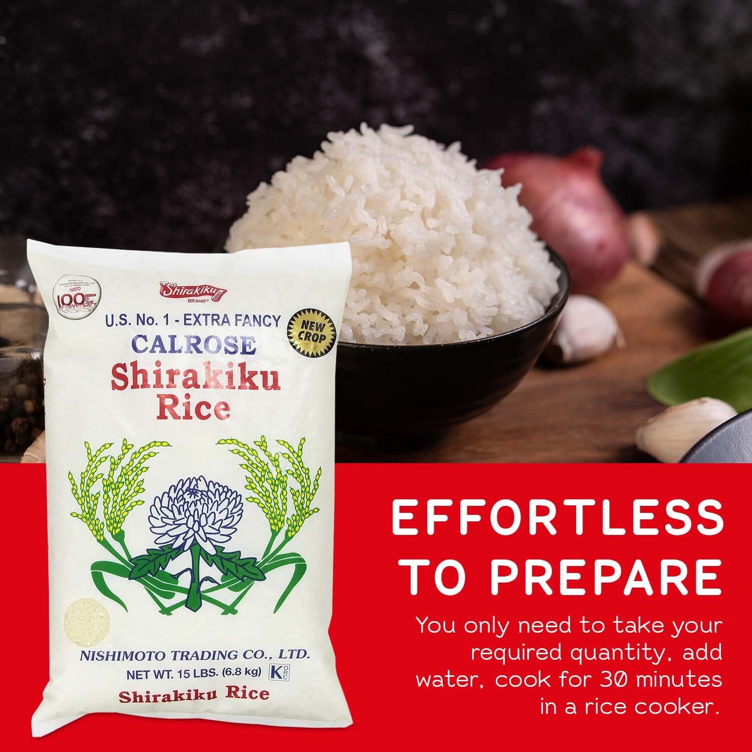 Shirakiku rice portion on a kitchen scale showing bulk quantity and meal prep savings