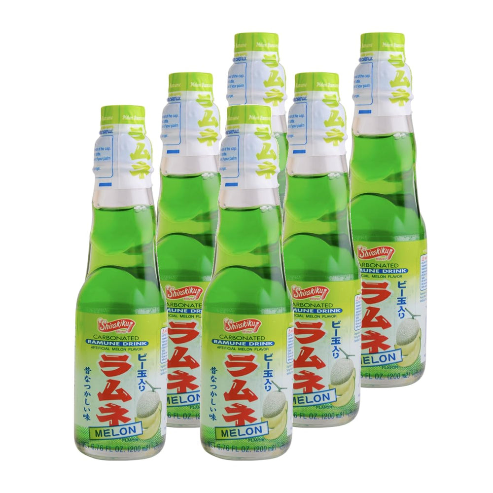 Shirakiku Ramune front packaging showing six melon bottles and label benefits