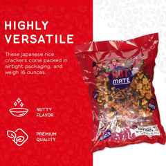 Shirakiku soy-glazed rice cracker detail, savory-sweet coating enhances flavor