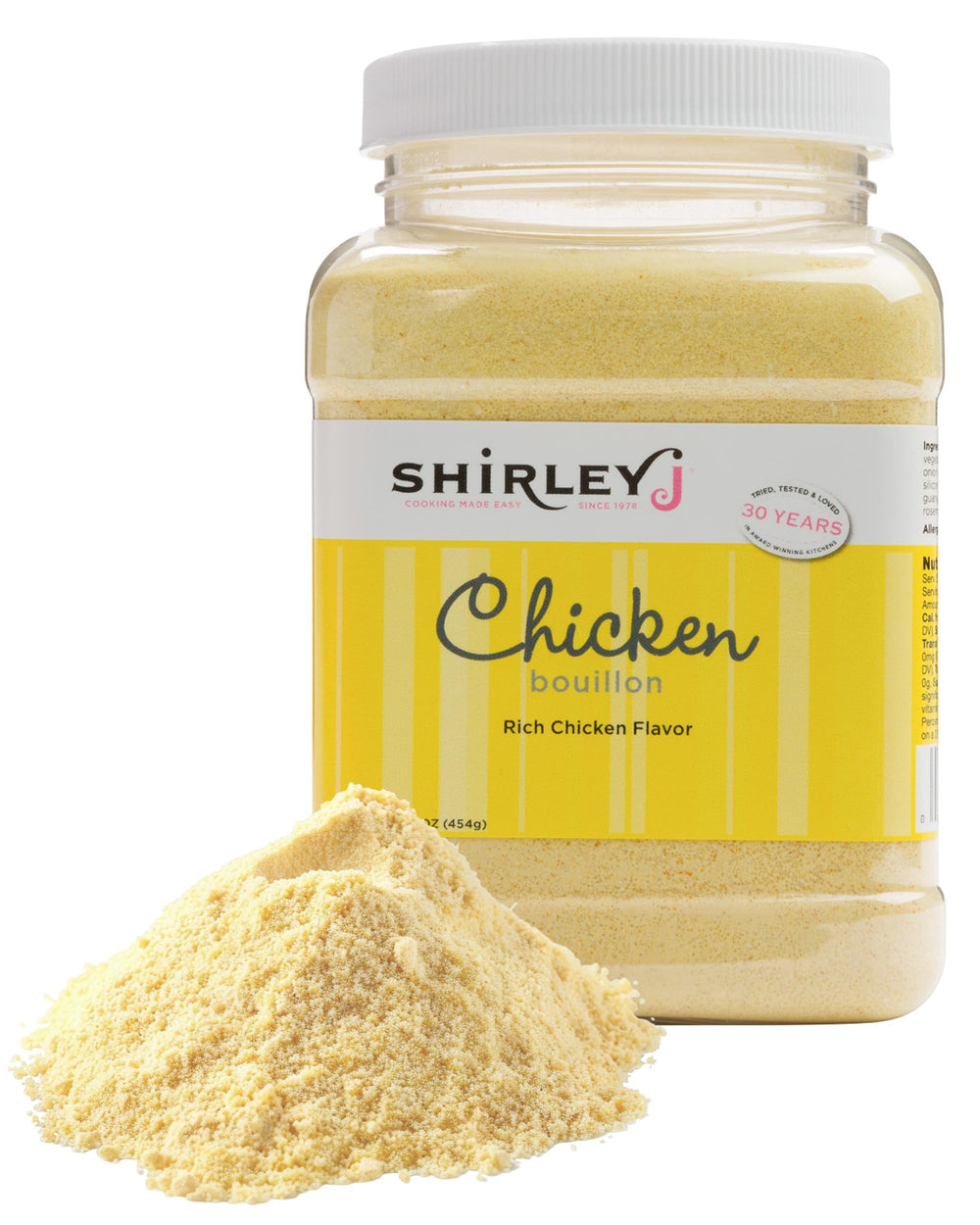 Shirley J front packaging showing jar label and low-sodium benefit