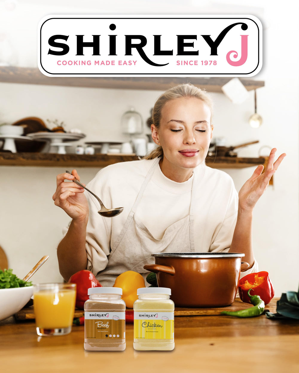 Shirley J jar on a kitchen counter in a cooking scenario for versatility