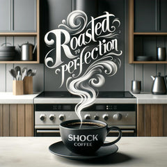 Shock beans beside product label showing 100% Arabica sourcing benefit