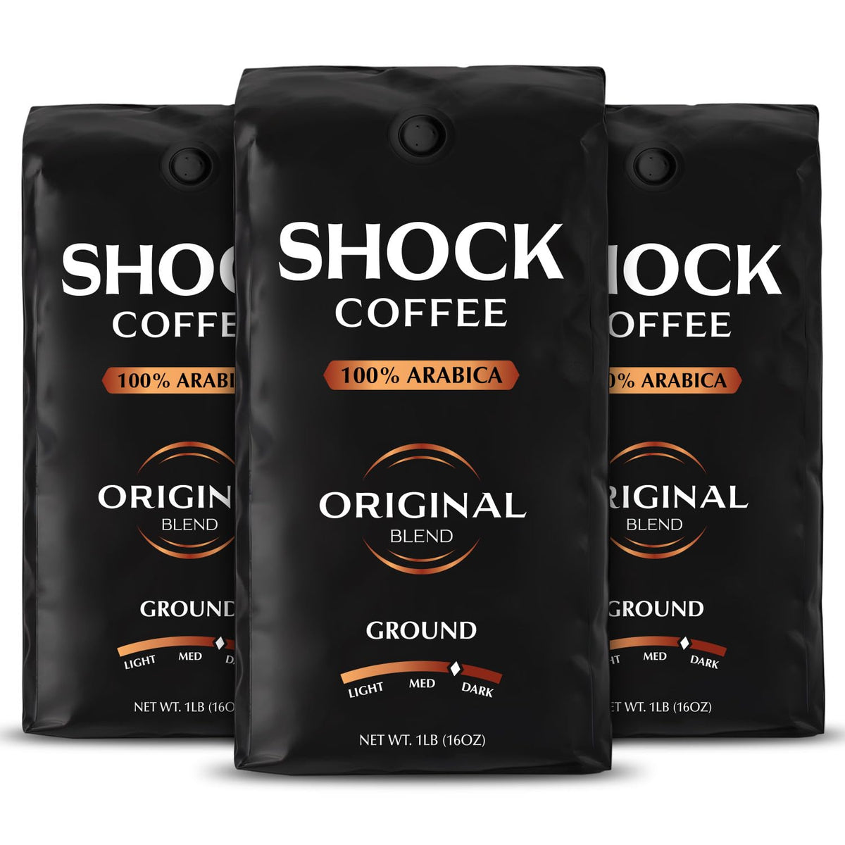 Shock front packaging 3 lb bag showing bold branding and energy