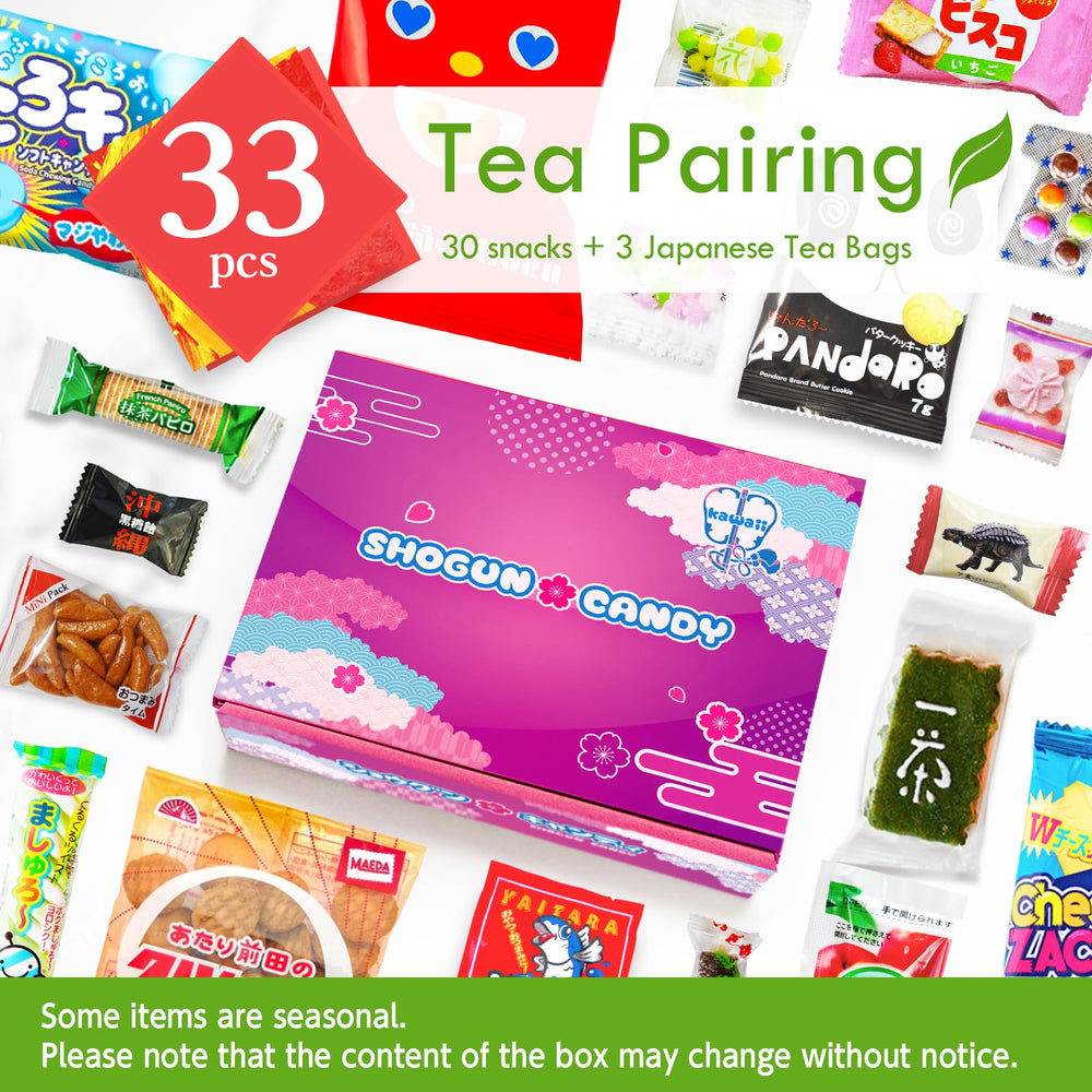 SHOGUN CANDY open box display with assorted snacks and premium tea visible
