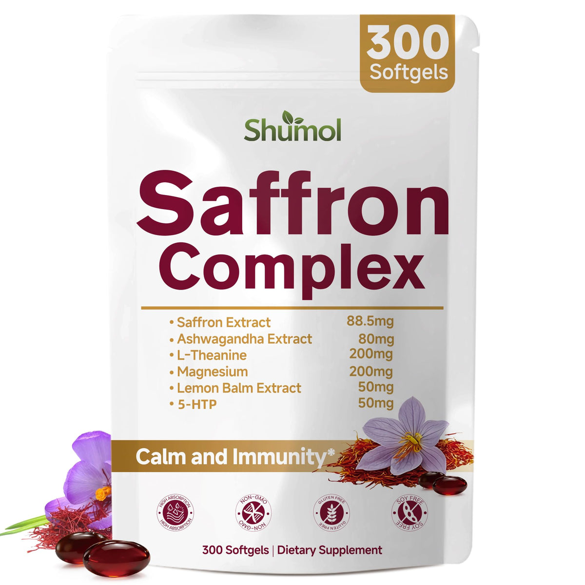 Shumol front packaging showing 300-count bottle and clear product benefit