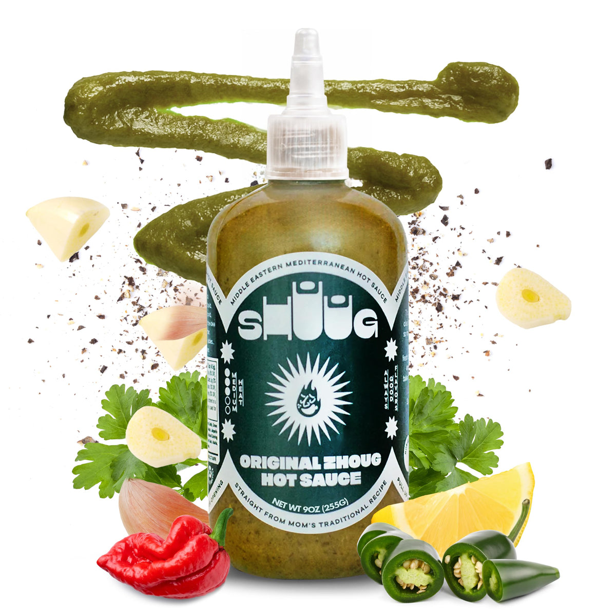 SHUUG bottle front view showing vibrant green sauce and brand