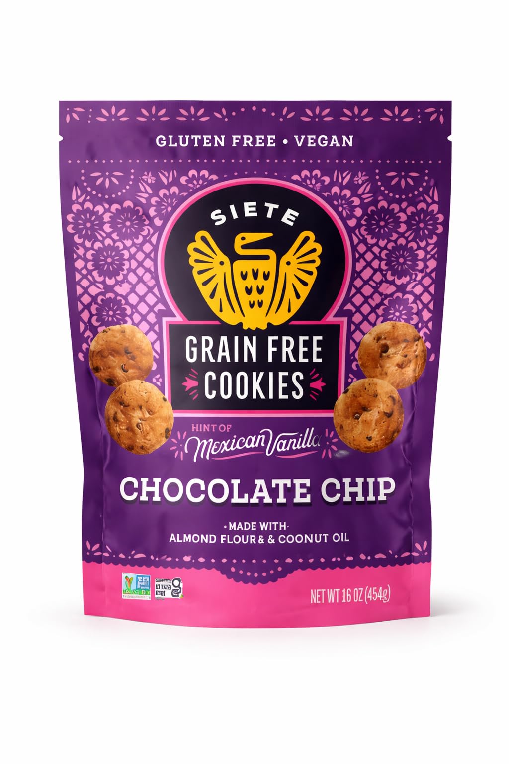 Siete front packaging showing Mexican vanilla chocolate chip cookies and brand benefit
