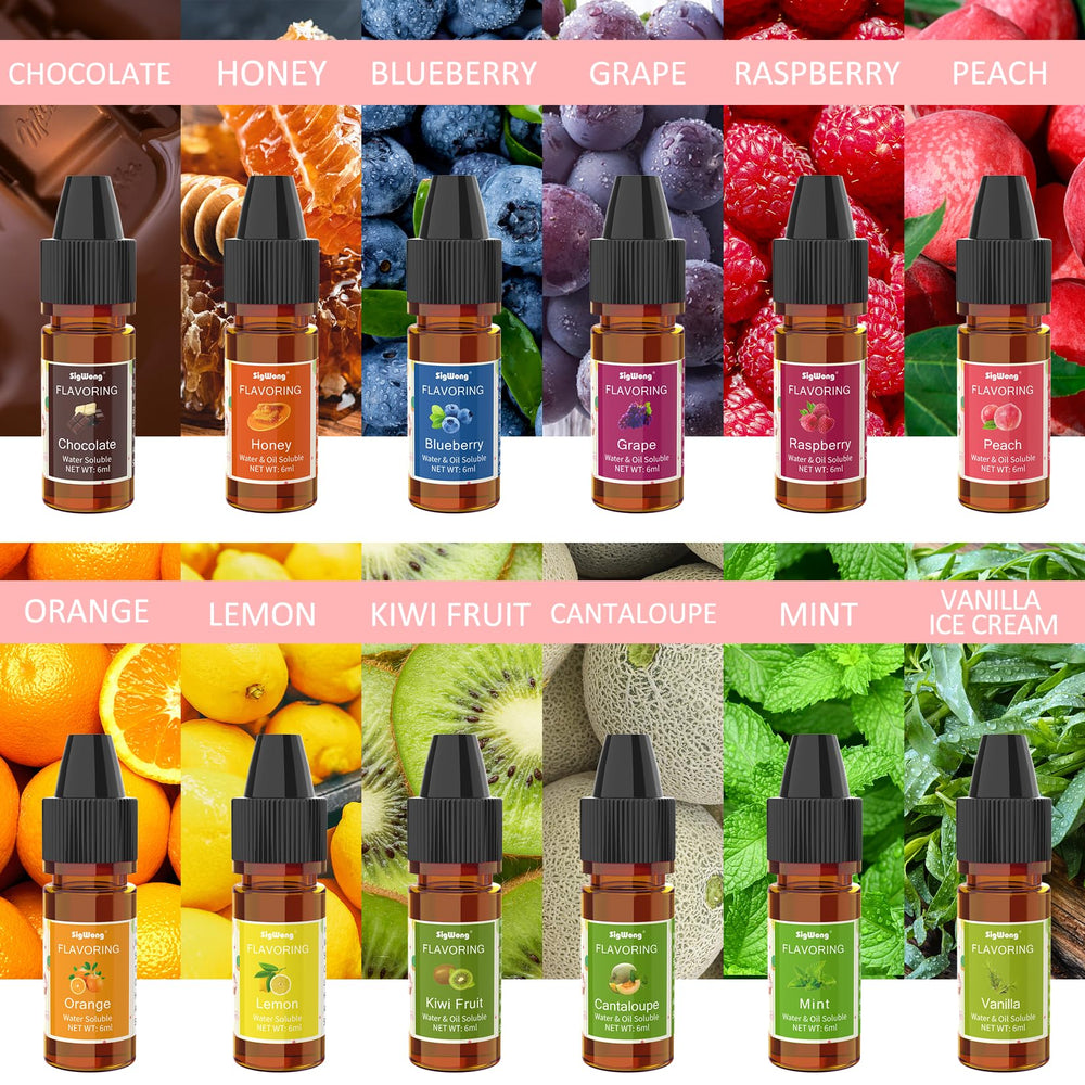 SigWong top-down array of 24 flavor bottles, shows selection and easy flavor swapping