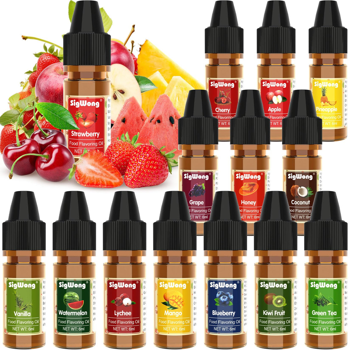 SigWong front packaging showing 14 flavor bottles and clear labeling, conveys variety