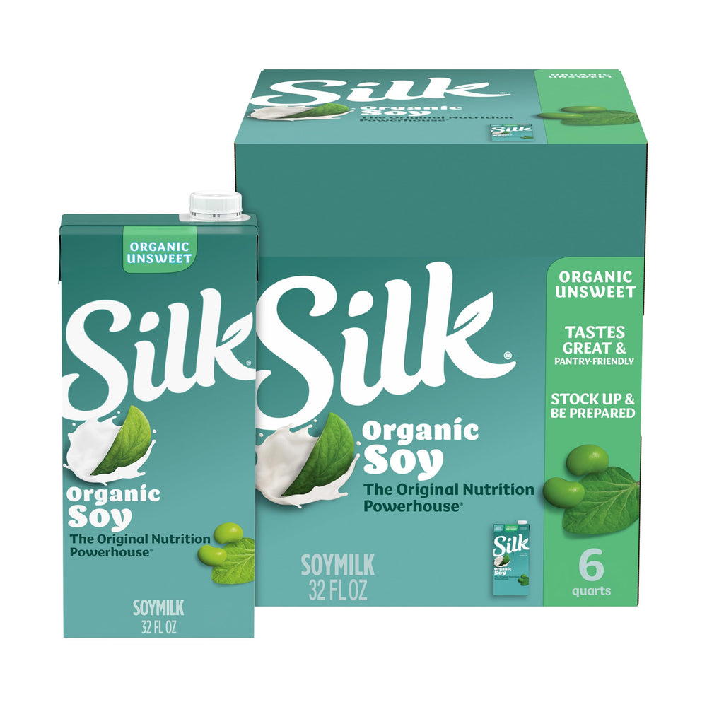 Silk front packaging showing organic unsweetened soy milk and convenience