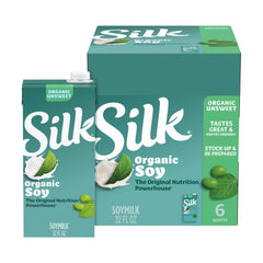 Silk front packaging showing organic unsweetened soy milk and convenience