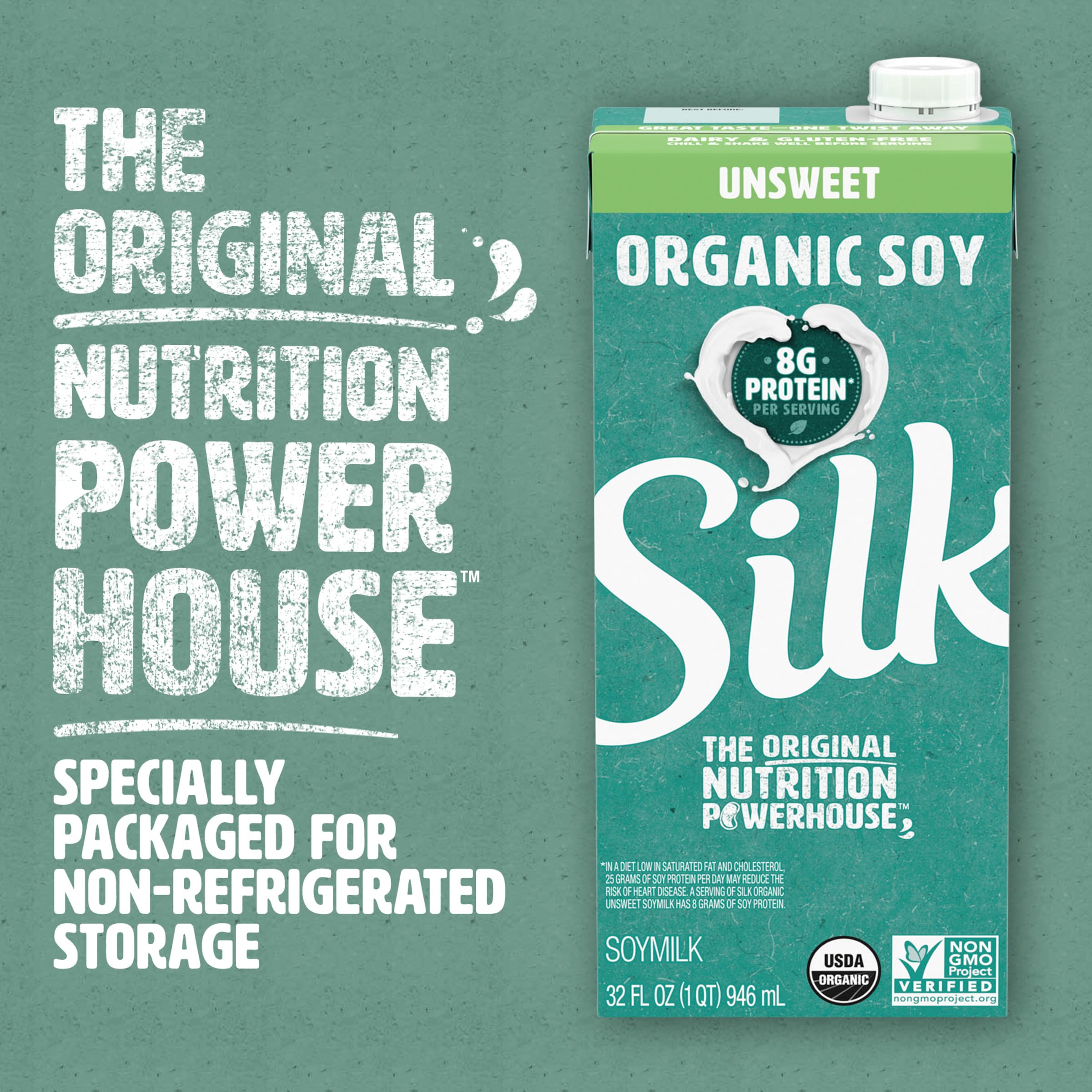 Silk carton spout close-up demonstrating easy pour and shelf-stable convenience