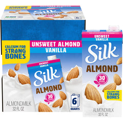 Silk front carton showing unsweetened vanilla almondmilk and pantry-ready convenience