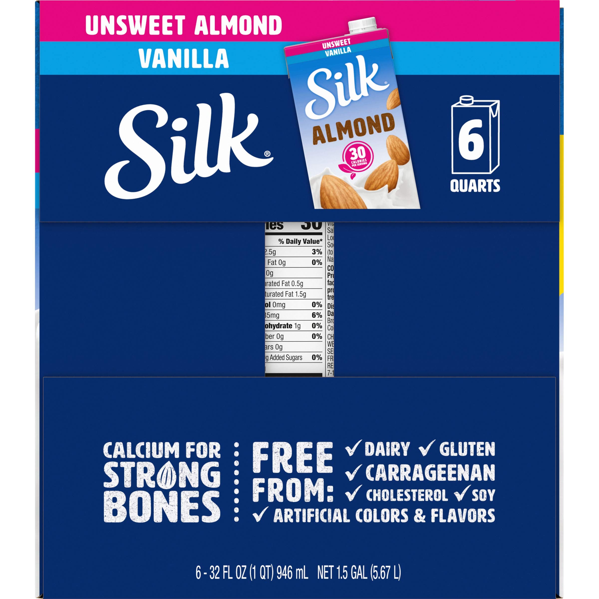 Hand holding Silk carton next to a cup showing quart size and portion scale