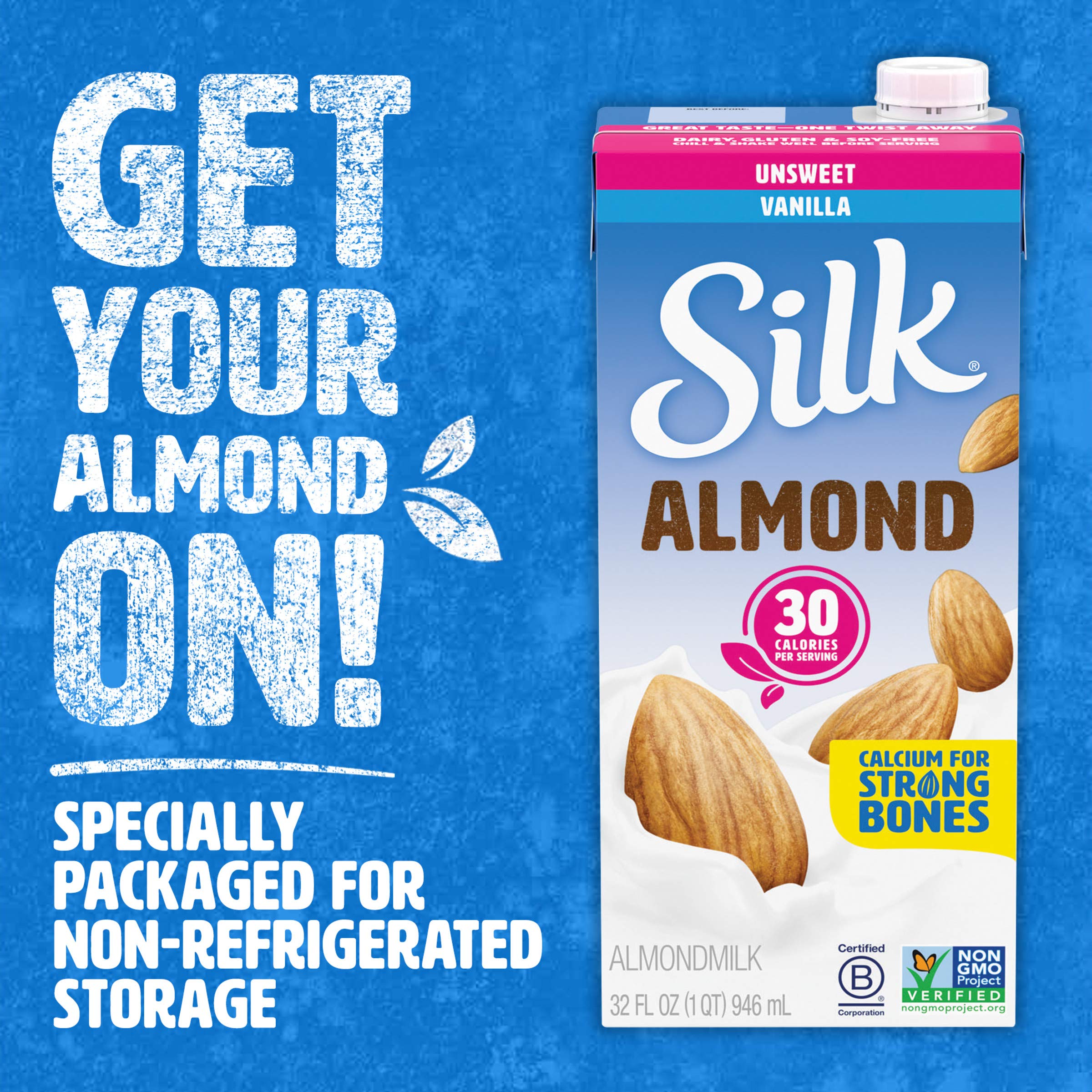 Close-up splash of Silk almondmilk highlighting smooth texture and low-calorie benefit