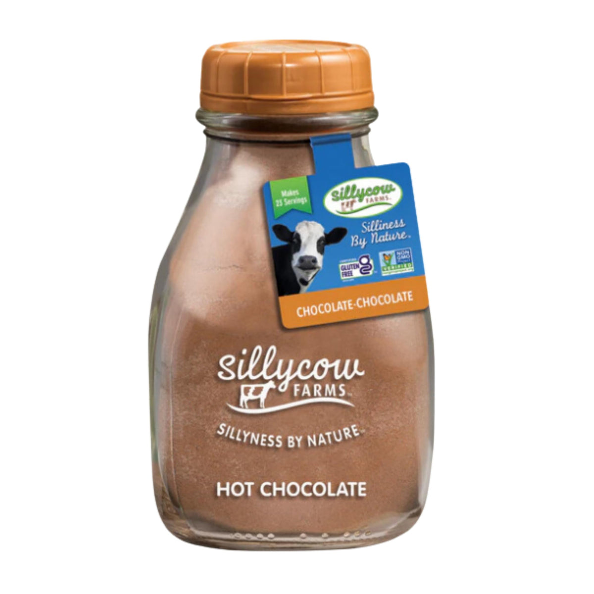 Silly Cow Farms glass bottle front view showing reusable packaging and serving info