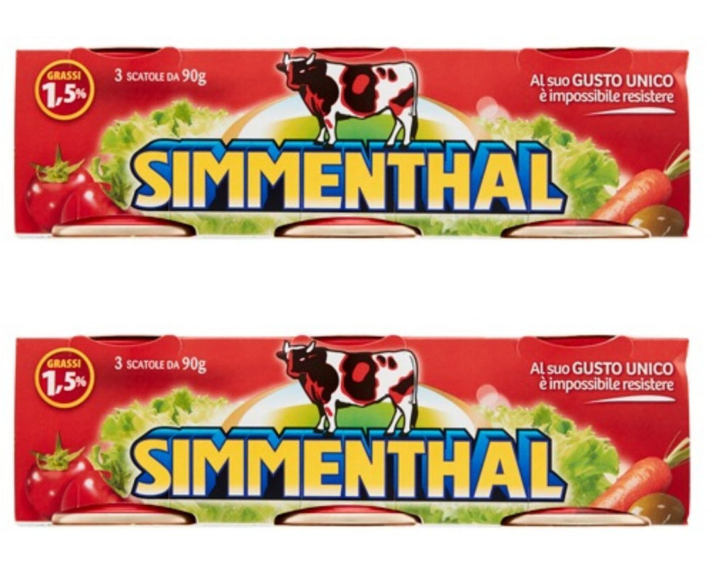 Simmenthal front can pack of six showing Italian-import branding and benefits
