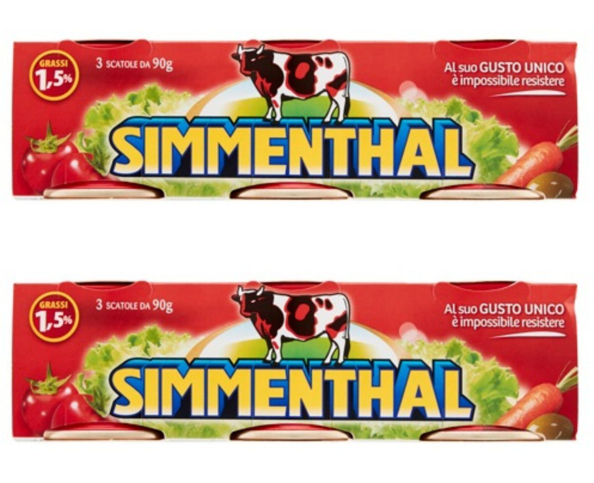 Simmenthal front can pack of six showing Italian-import branding and benefits