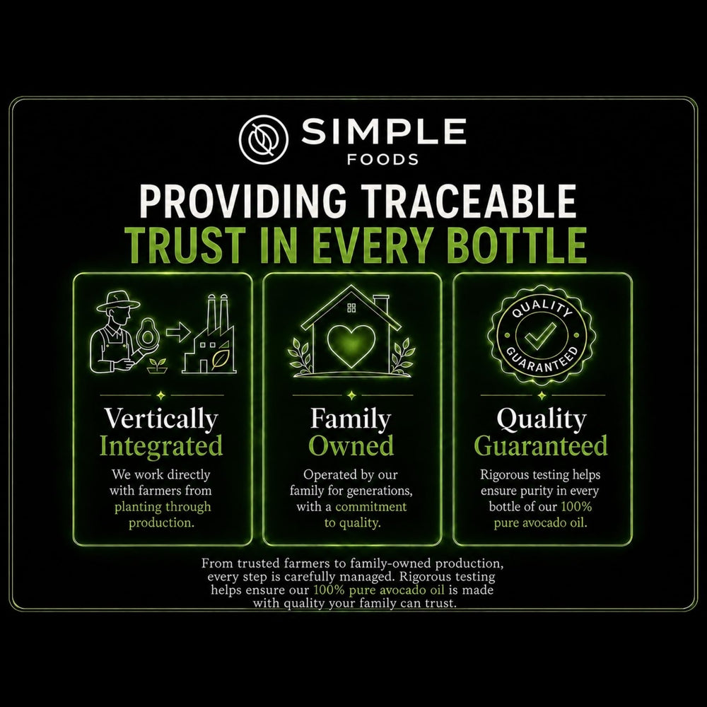 Simple Foods avocado oil glass bottle detail highlighting protection from oxidation benefit