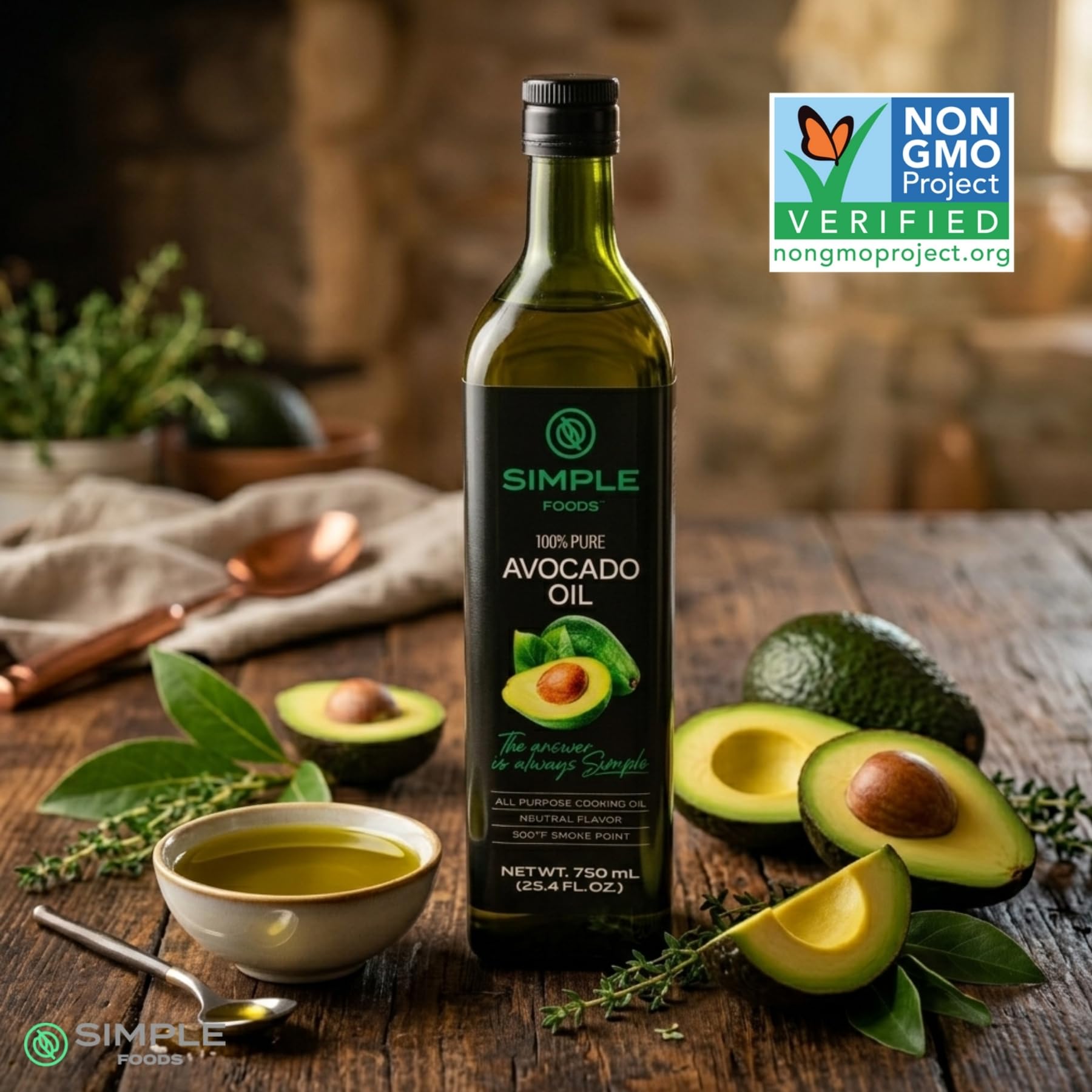 Simple Foods avocado oil pouring stream demonstrating smooth texture and cooking control