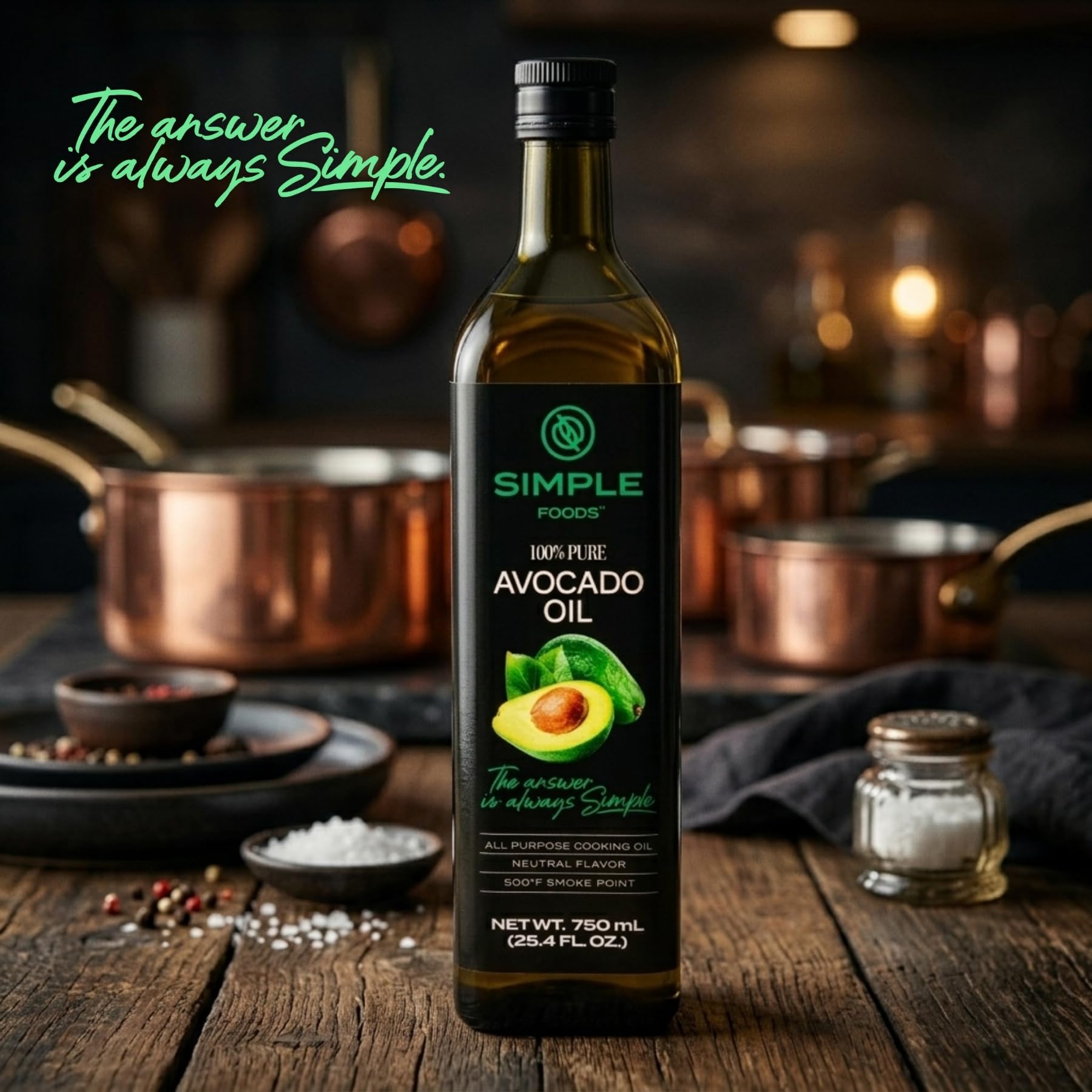 Simple Foods avocado oil bottle next to ruler illustrating 25.4 fl oz size benefit