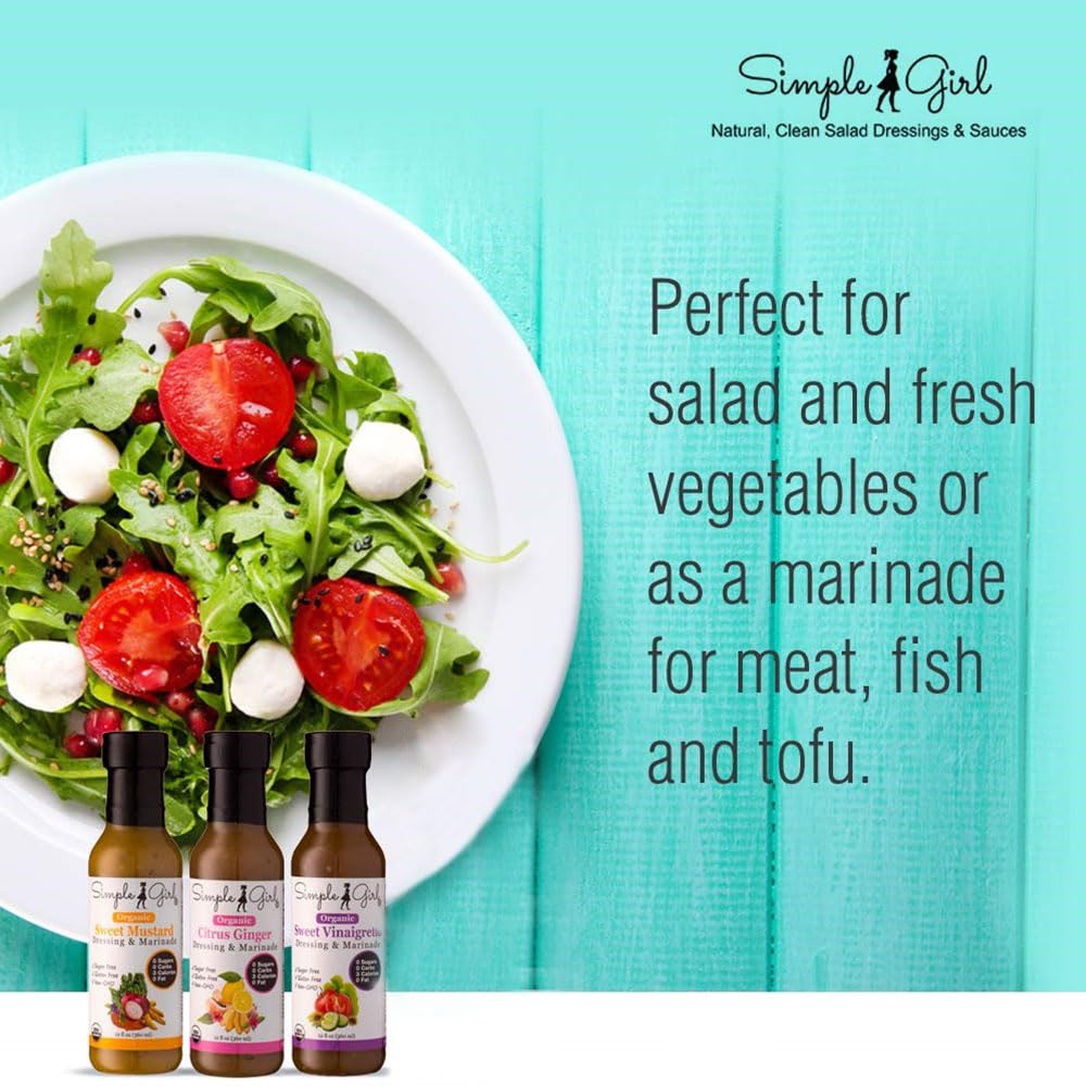 Simple Girl dressings lined on a kitchen counter for easy reach and meal prep benefit
