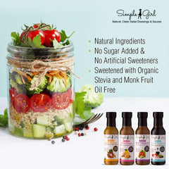 Simple Girl pouring dressing over mixed salad for bright flavor