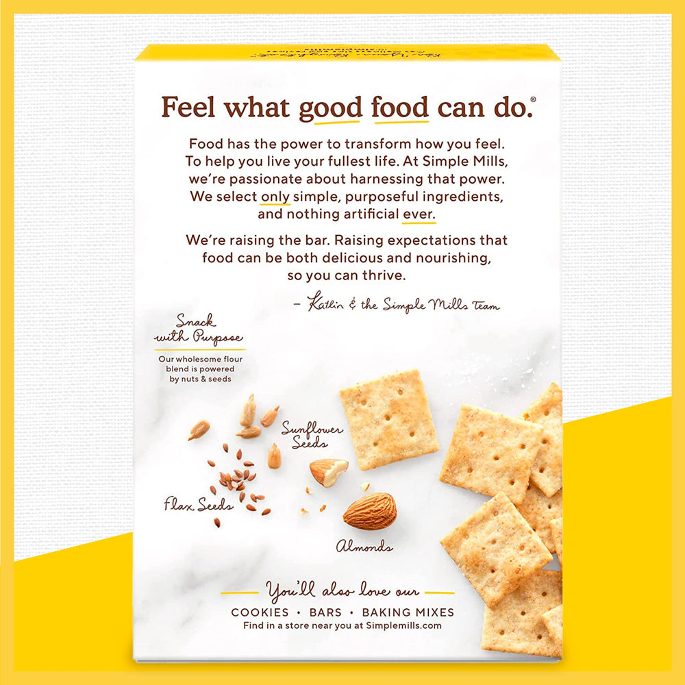 Simple Mills open box with crackers inside illustrating easy access and portion-ready servings