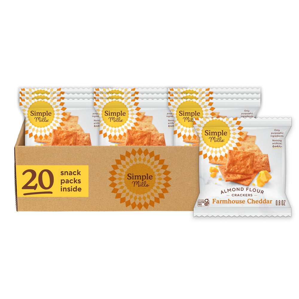 Simple Mills front box showing 20 snack packs and bold cheddar benefit