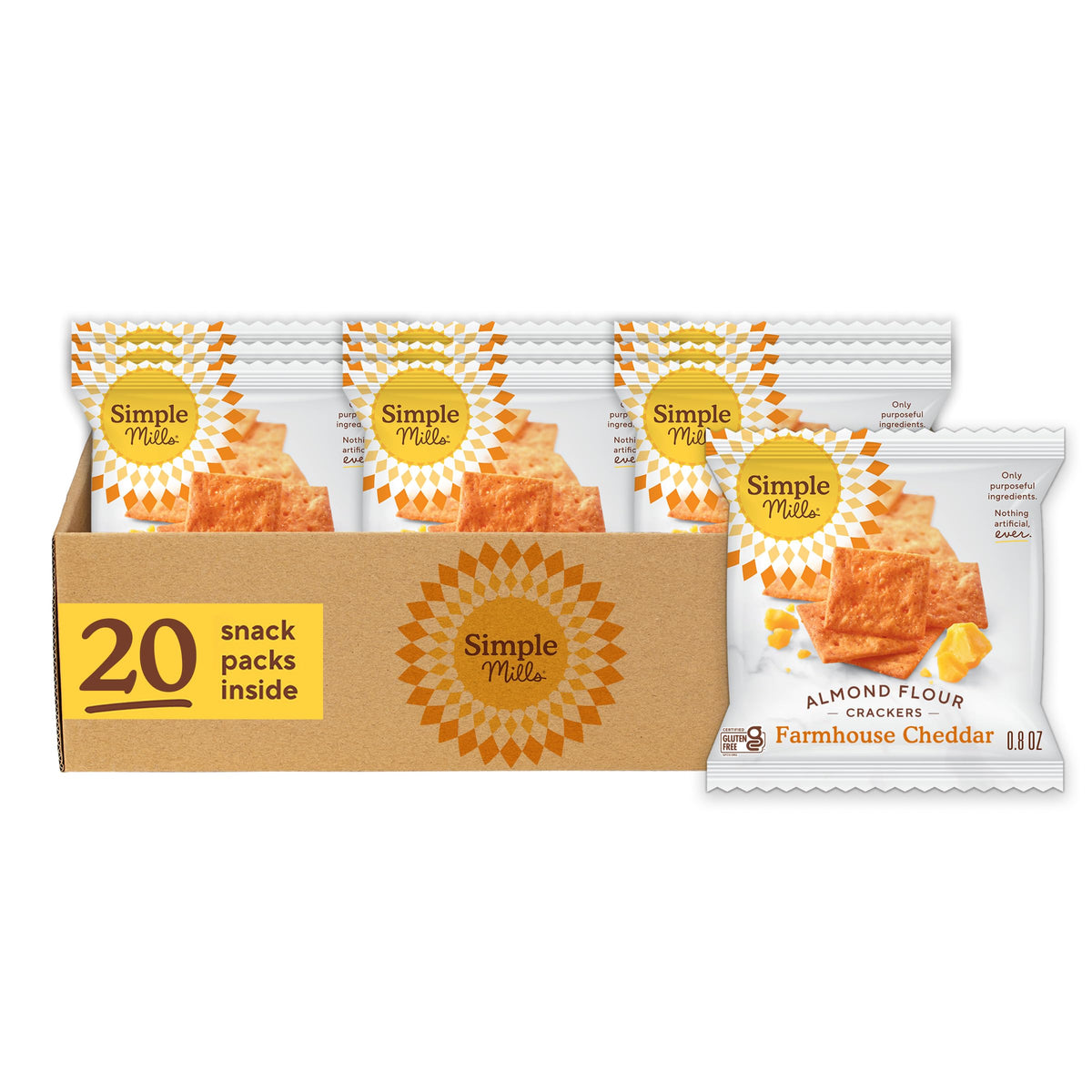 Simple Mills front box showing 20 snack packs and bold cheddar benefit