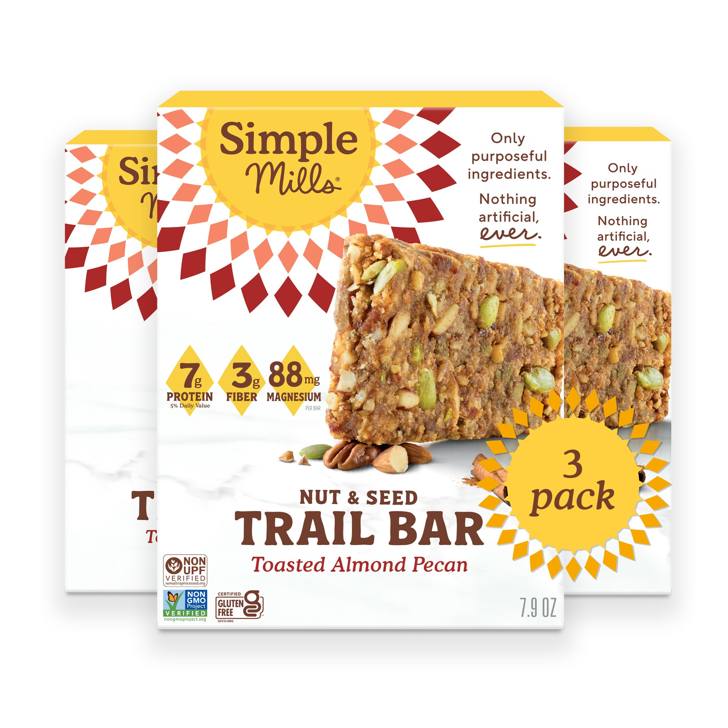 Simple Mills front packaging showing toasted almond pecan bars and benefits