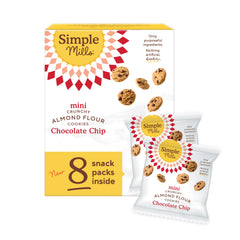 Simple Mills front packaging of mini chocolate chip cookie snack pack showing single-serve convenience