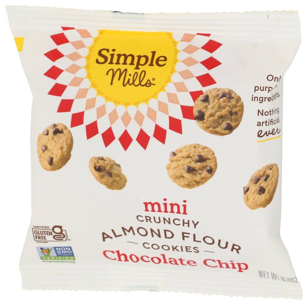 Simple Mills mini chocolate chip cookies in hand illustrating size and easy portability