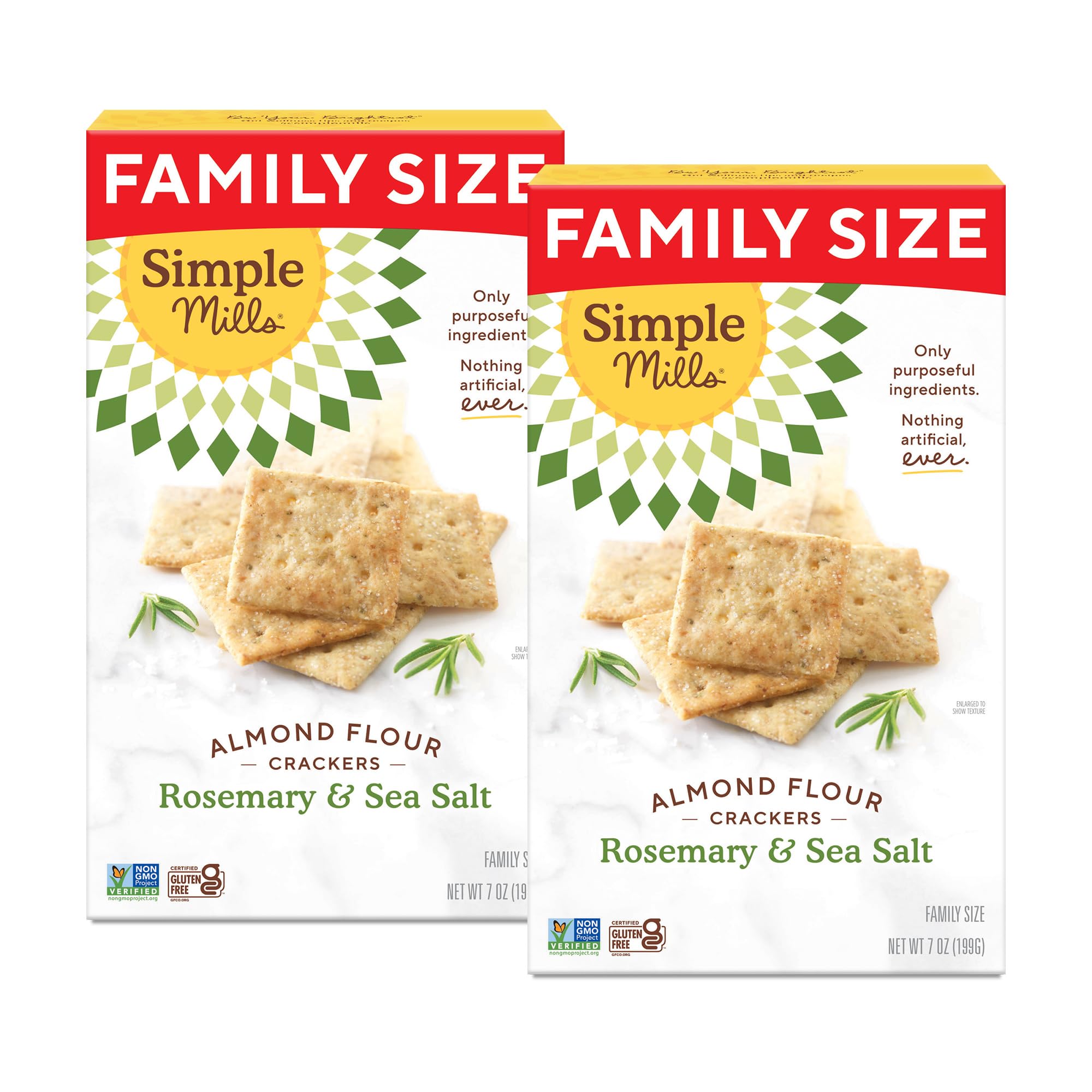 Simple Mills front packaging showing rosemary and sea salt, highlights clean ingredients and family size
